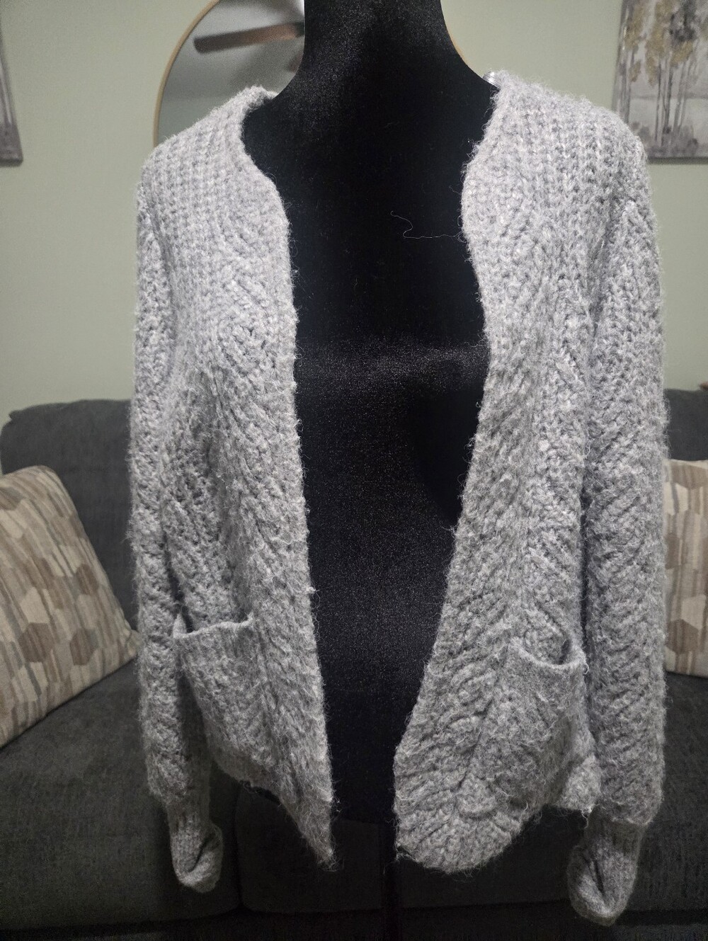 Cozy Open-Front Grey Cable Knit Sweater Cardigan